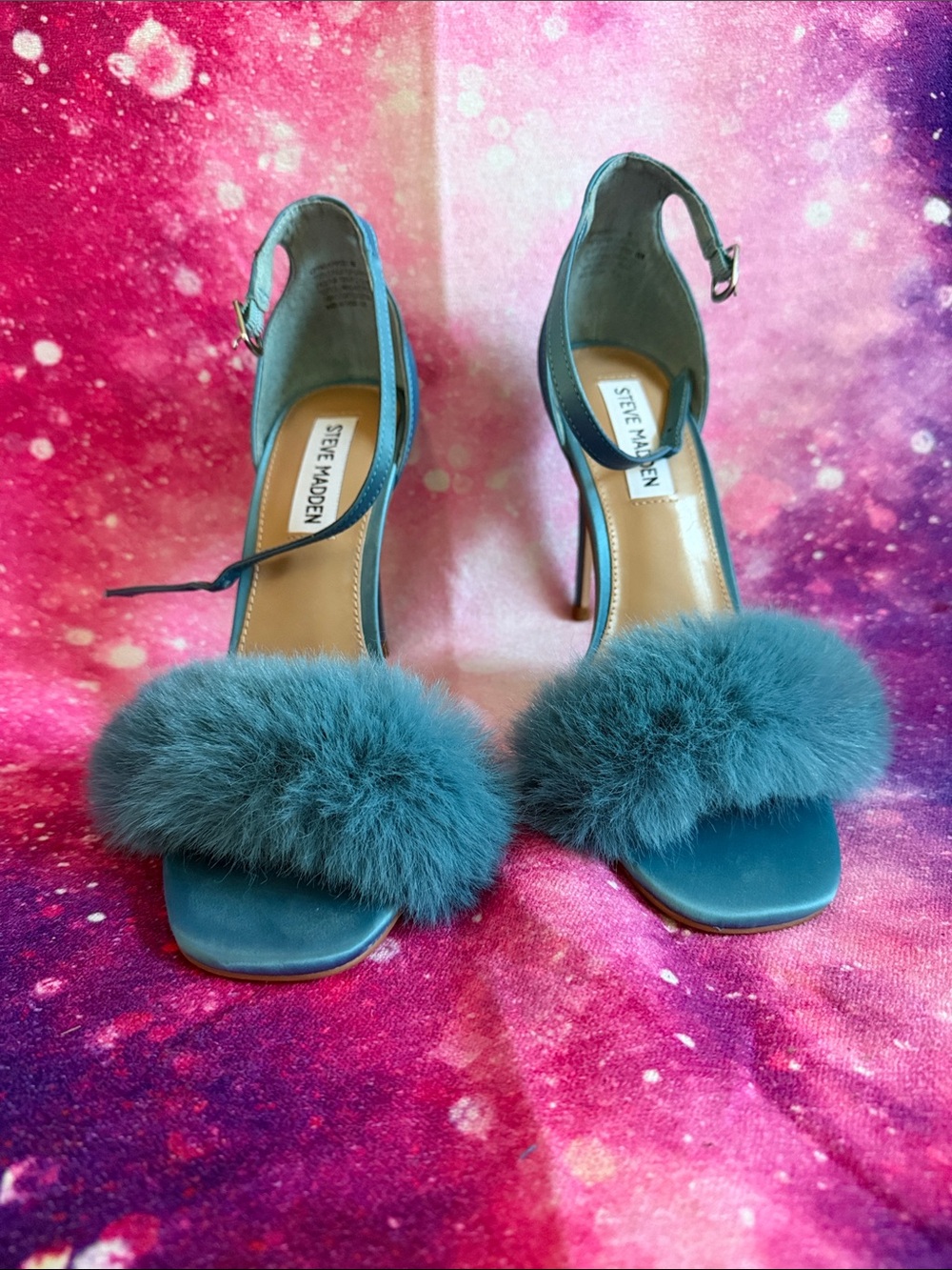 Steve Madden Teal Faux Fur Ankle-Strap Stiletto Heels